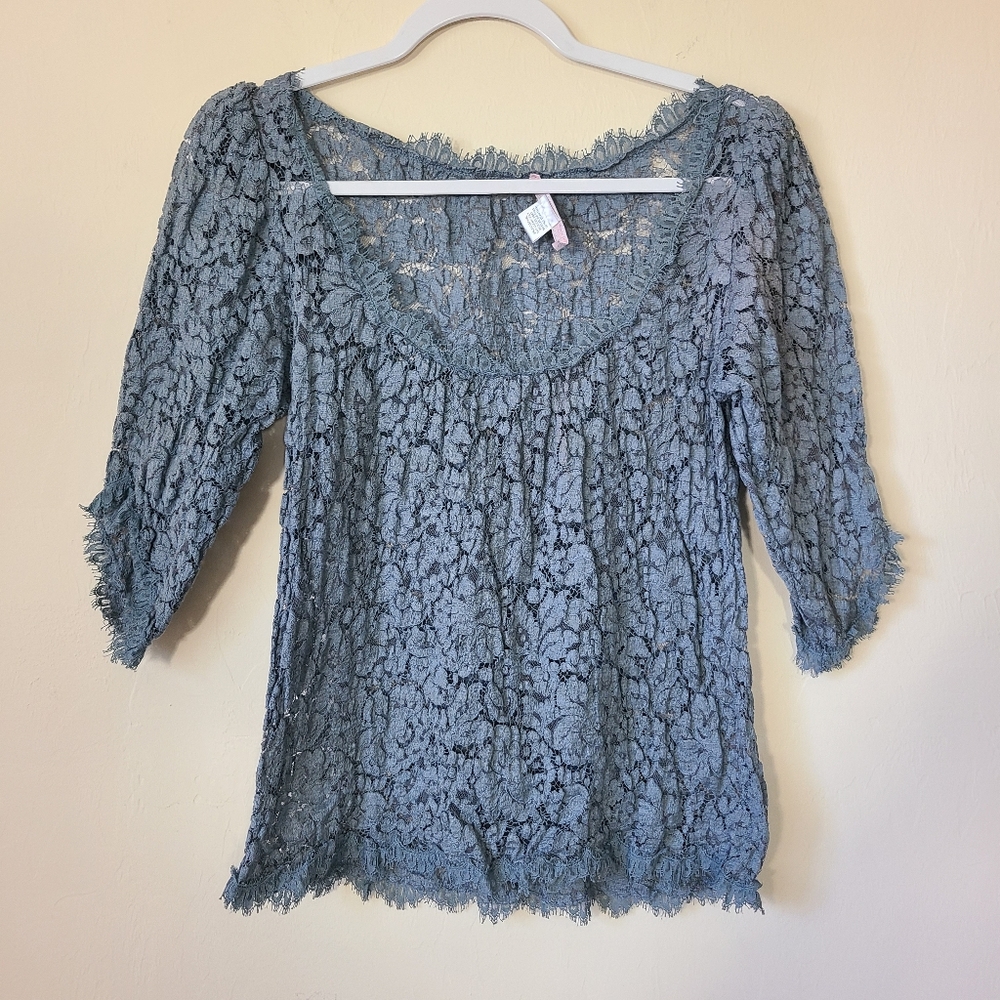 Rebecca Taylor Blue Semi‎ Sheer Lace Blouse 3/4 Sleeve Scalloped Trim Size 8